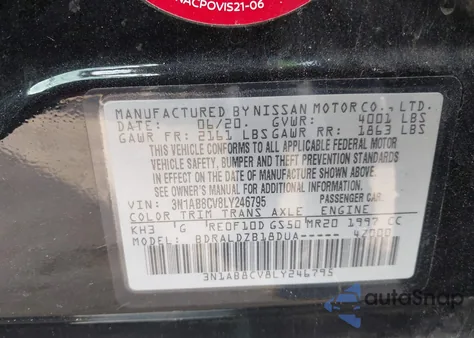 2020 Nissan Sentra Sv Xtronic Cvt z USA, uszkodzony, nr VIN 3N1AB8CV8LY246795